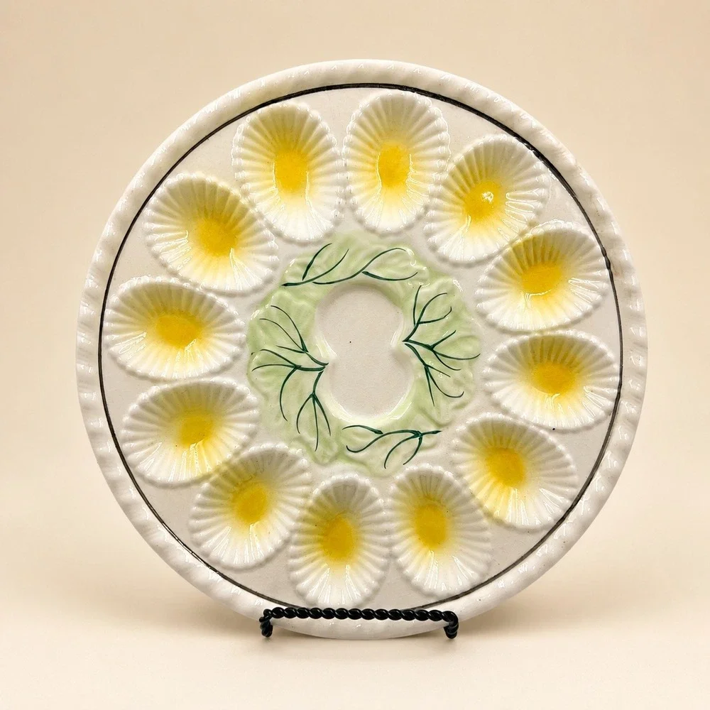 Vintage Ceramic Deviled Egg Platter 12 Wells Yellow Green Leaf Detail 11 Inch